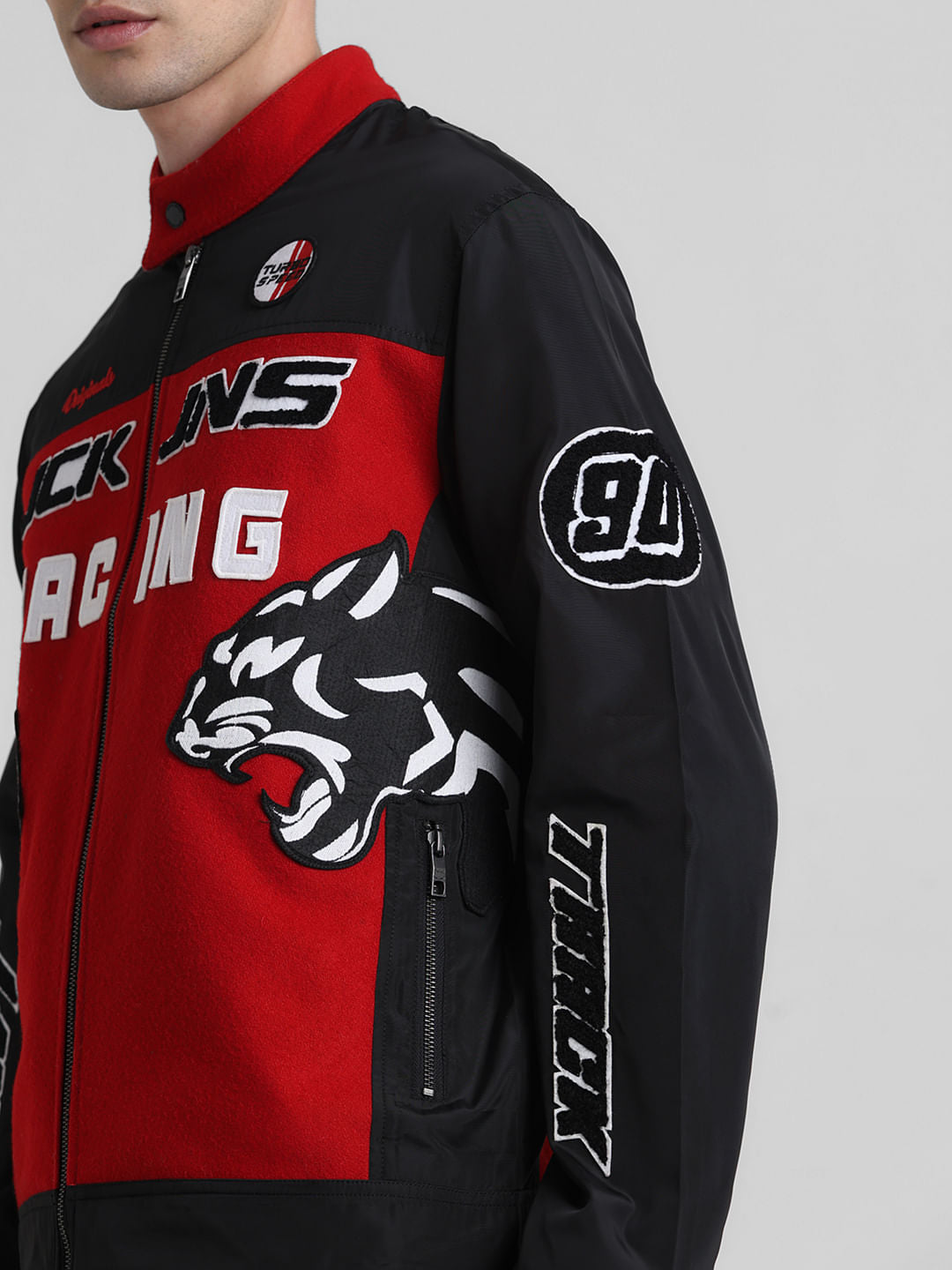 Black Applique Patchwork Racer Jacket