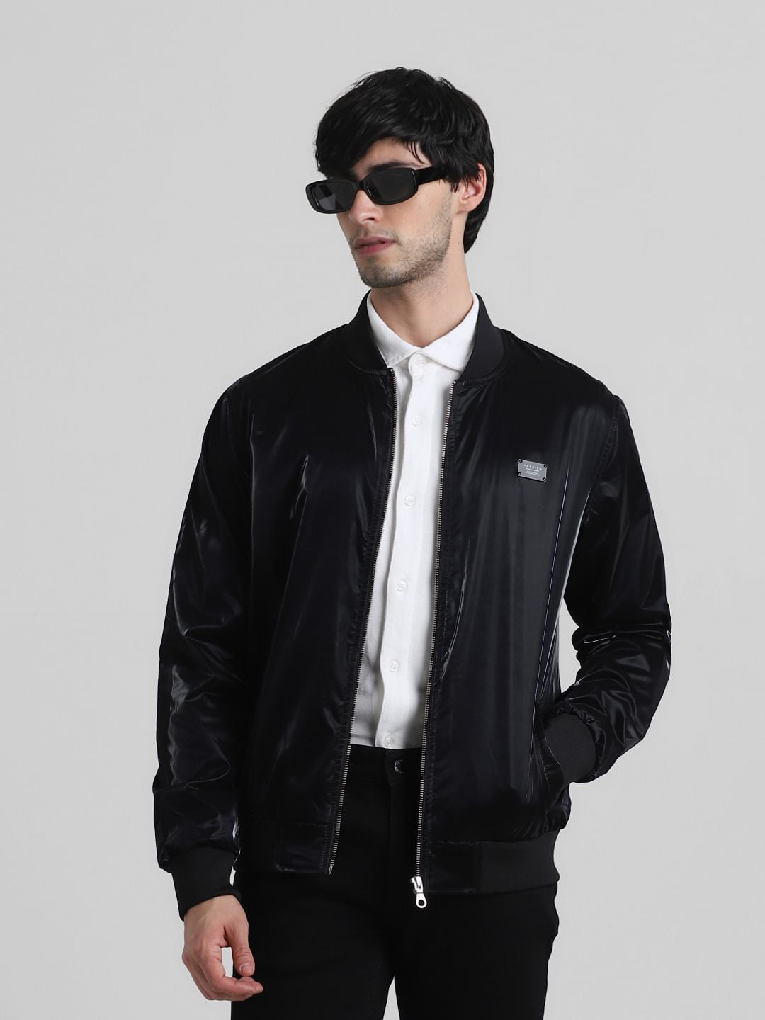 Black Reflective Zip-Up Bomber Jacket