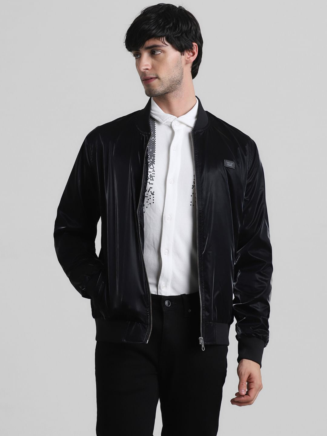 Black Reflective Zip-Up Bomber Jacket