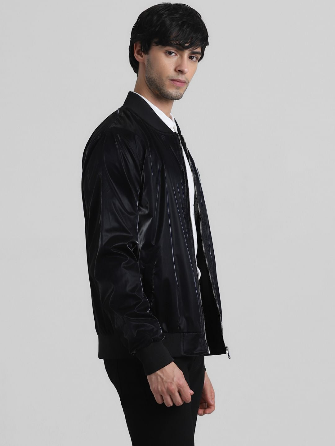 Black Reflective Zip-Up Bomber Jacket