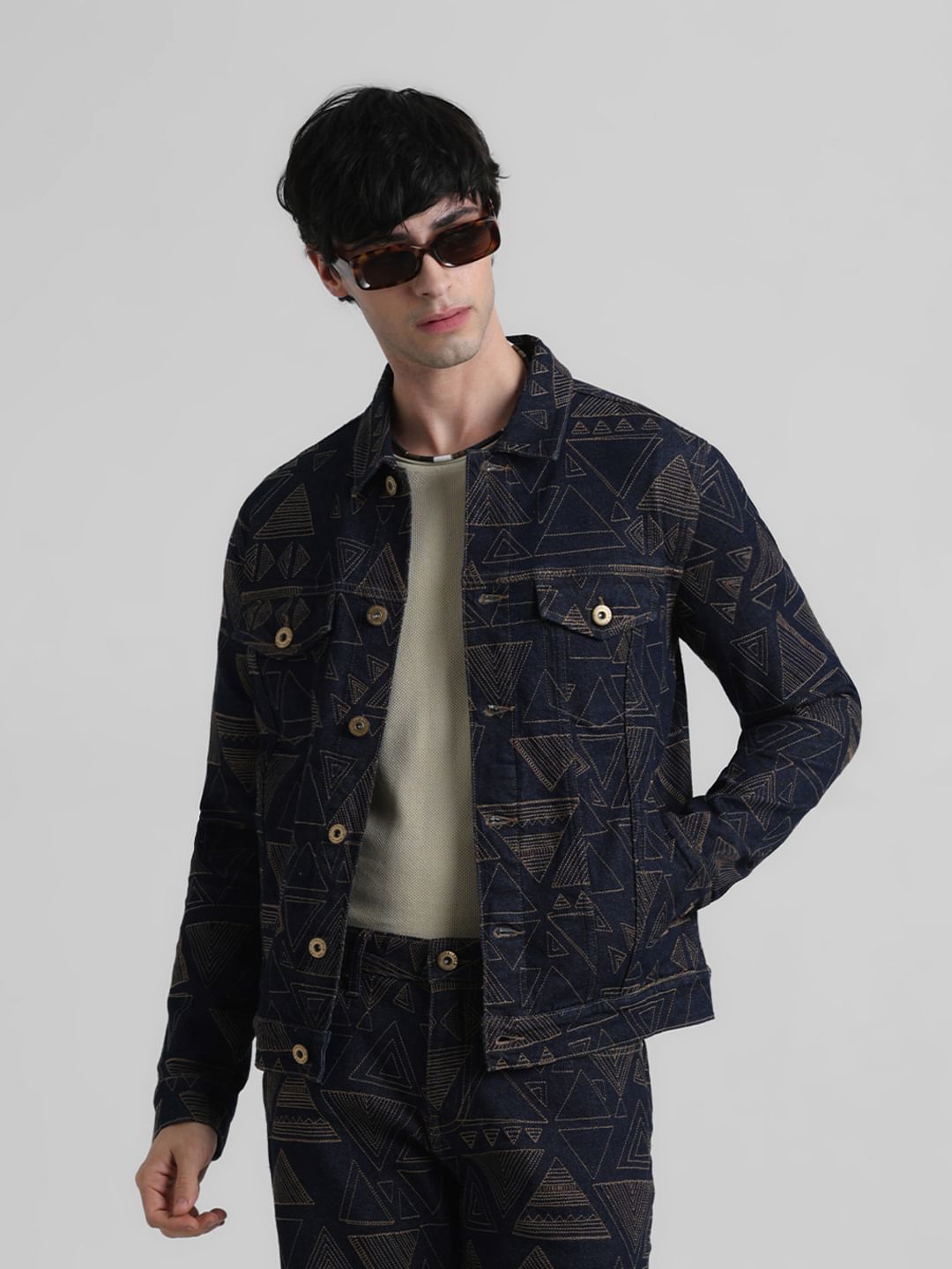 Dark Blue Embroidered Denim Jacket - S