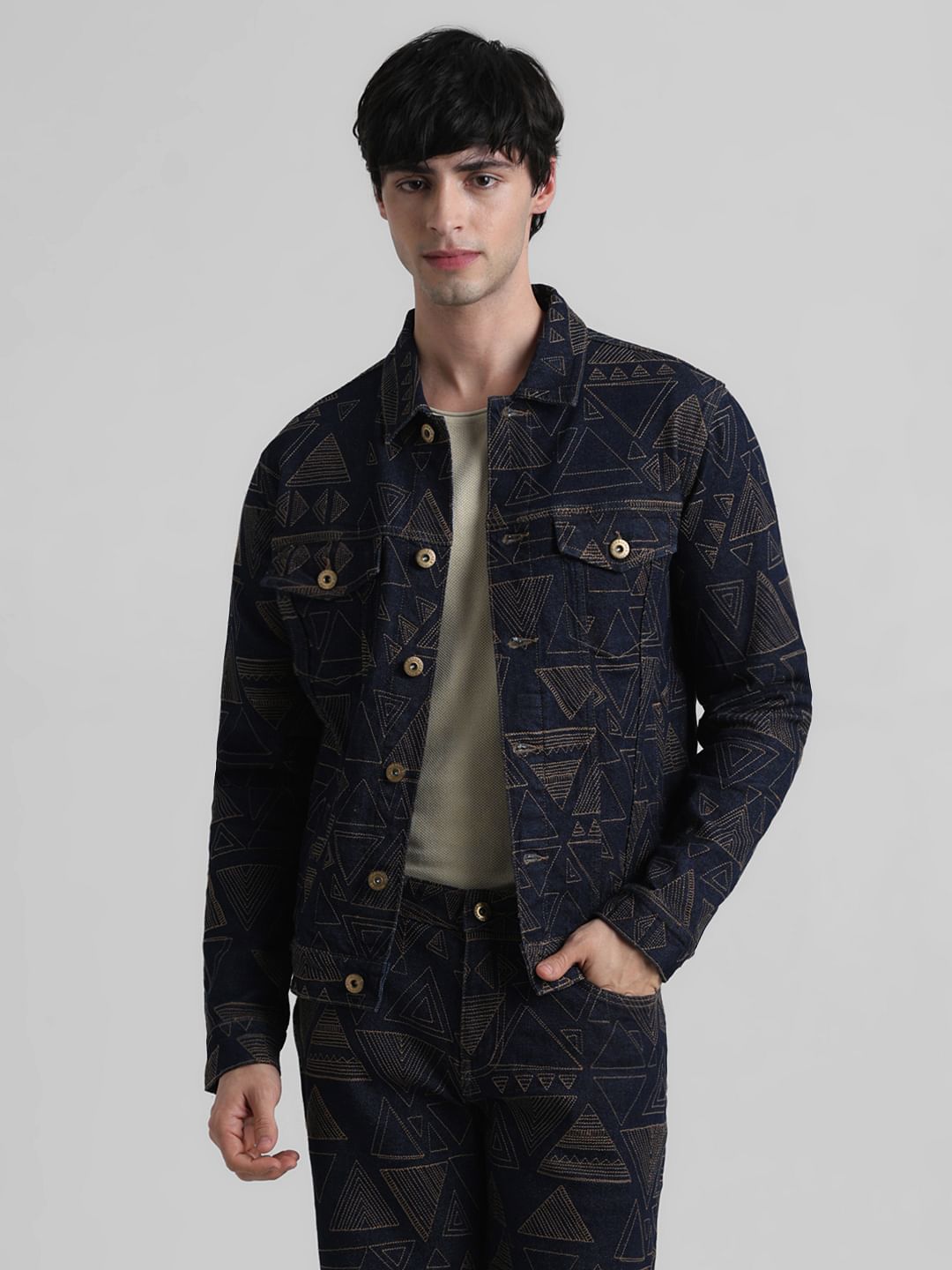 Dark Blue Embroidered Denim Jacket