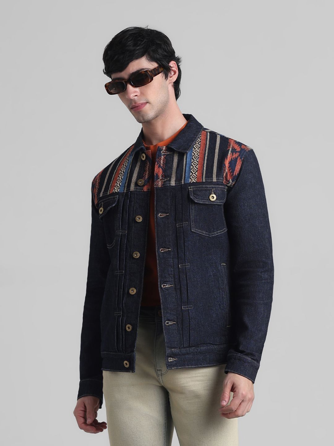 Dark Blue Embroidered Patch Denim Jacket