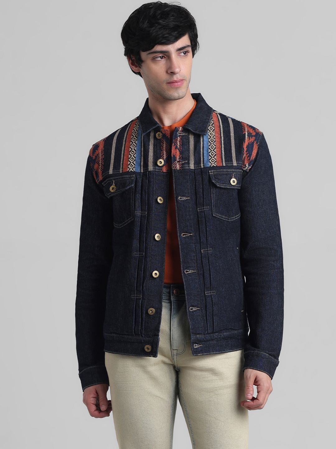 Dark Blue Embroidered Patch Denim Jacket