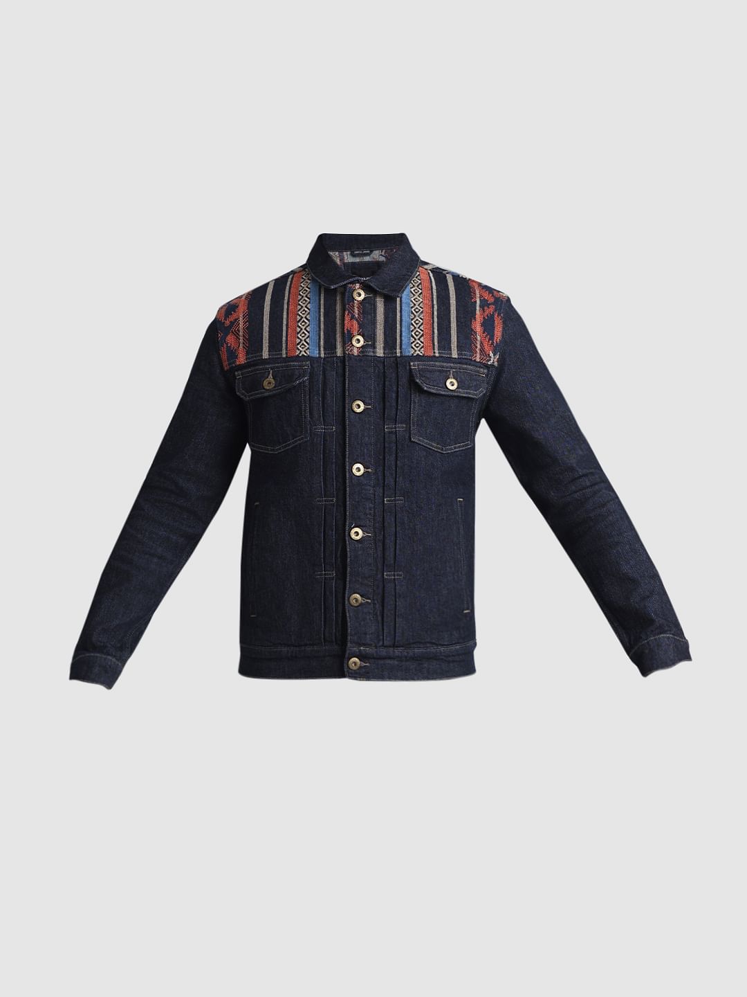 Dark Blue Embroidered Patch Denim Jacket