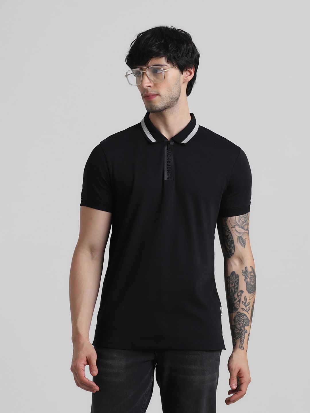 Black Logo Zipper Detail Polo - S