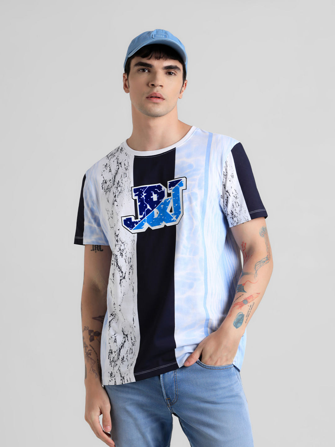 Blue Colourblocked Crew Neck T-shirt - S