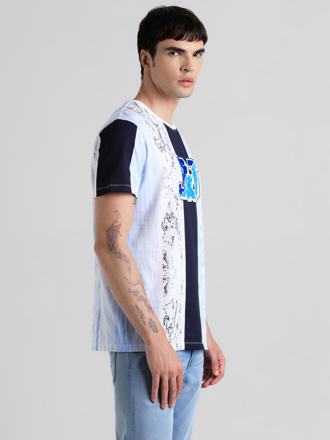 Blue Colourblocked Crew Neck T-shirt