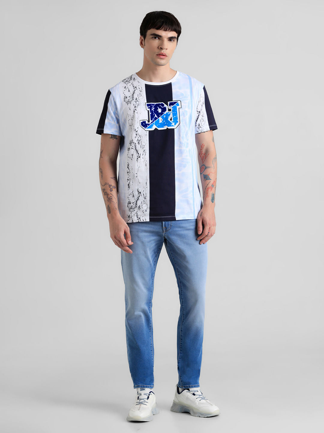 Blue Colourblocked Crew Neck T-shirt