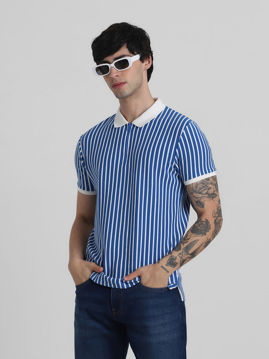 Blue & White Striped Jacquard Polo - S