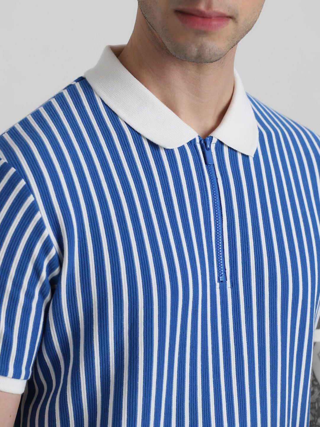Blue & White Striped Jacquard Polo