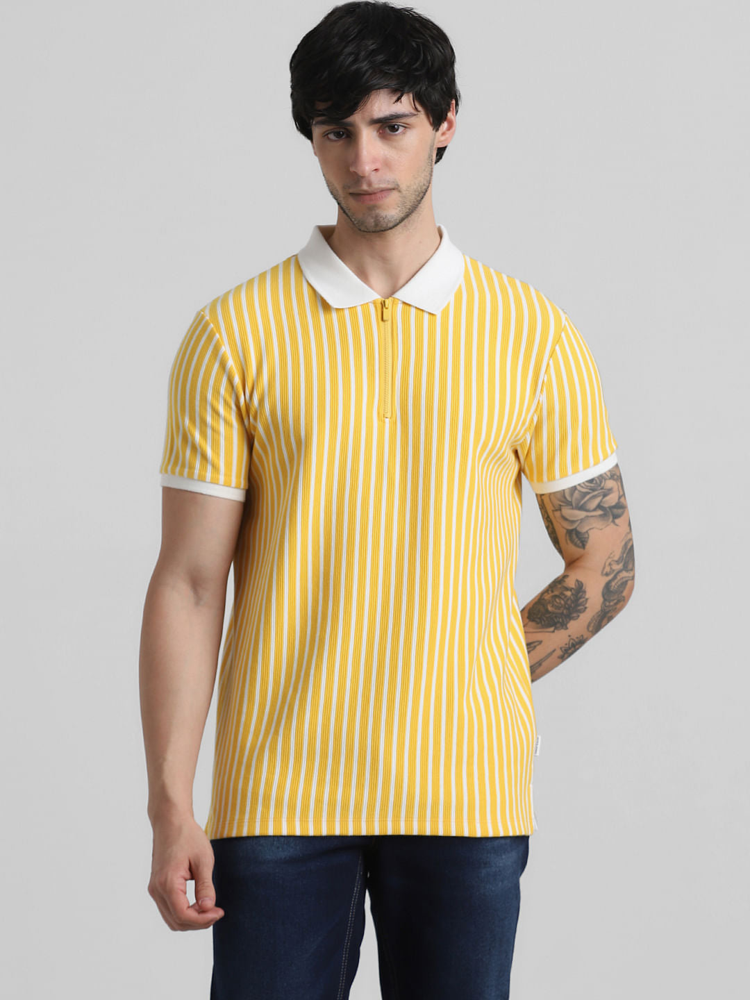 Yellow & White Striped Jacquard Polo
