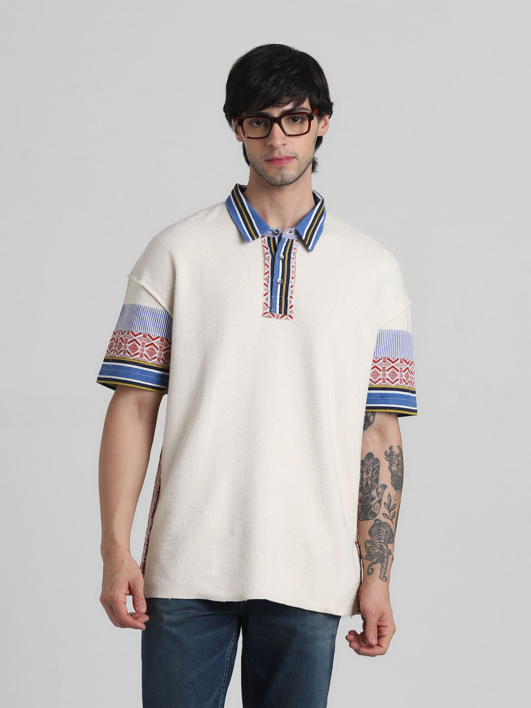 Beige Applique Patchwork Polo