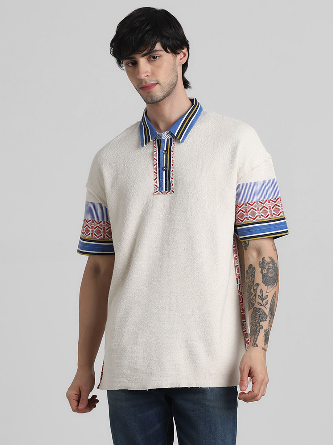 Beige Applique Patchwork Polo