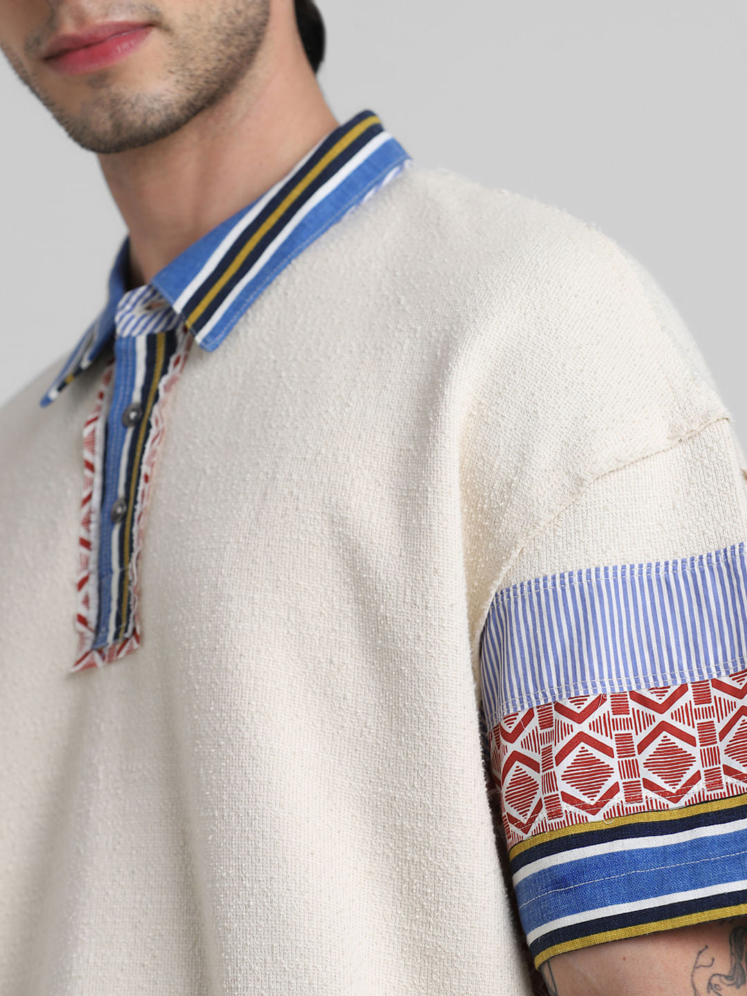 Beige Applique Patchwork Polo