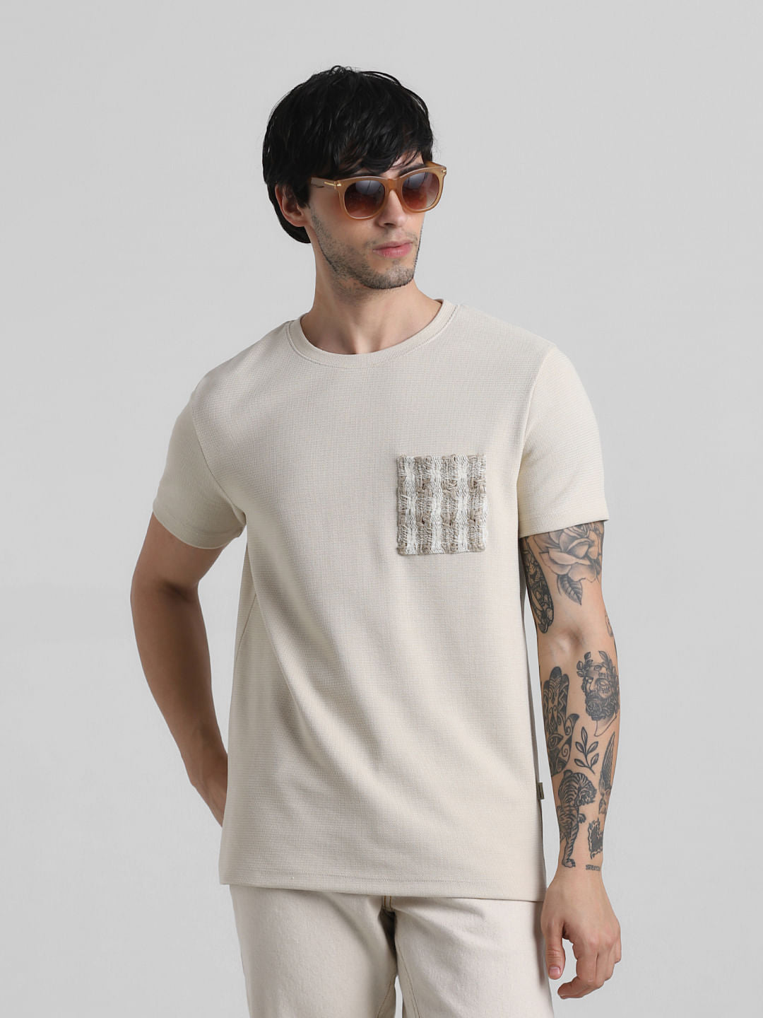 Beige Knitted Pocket Crew Neck T-shirt - S