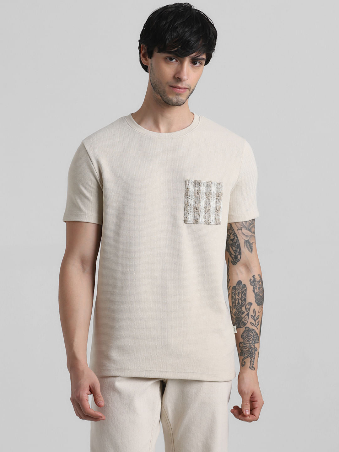 Beige Knitted Pocket Crew Neck T-shirt