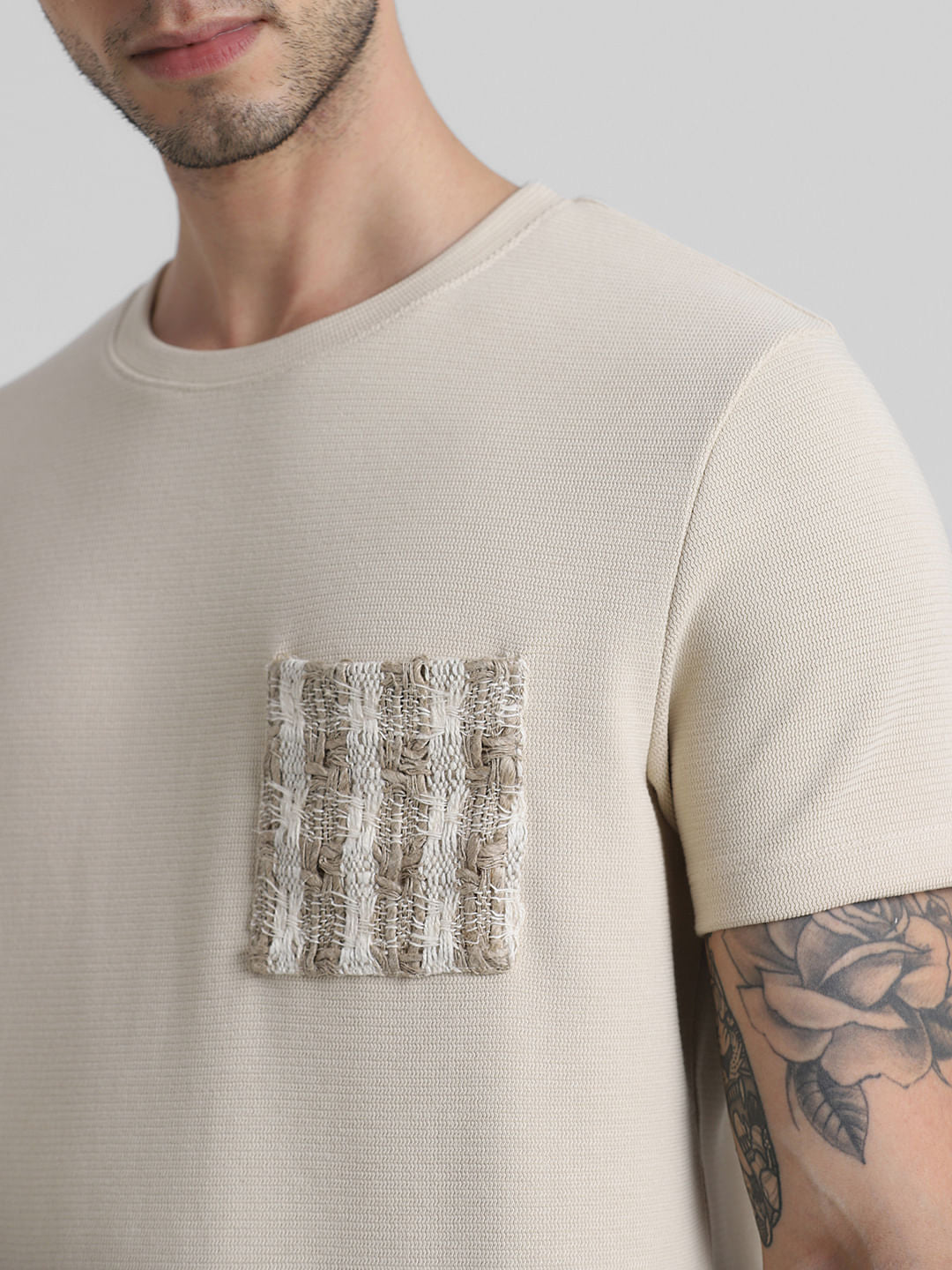 Beige Knitted Pocket Crew Neck T-shirt