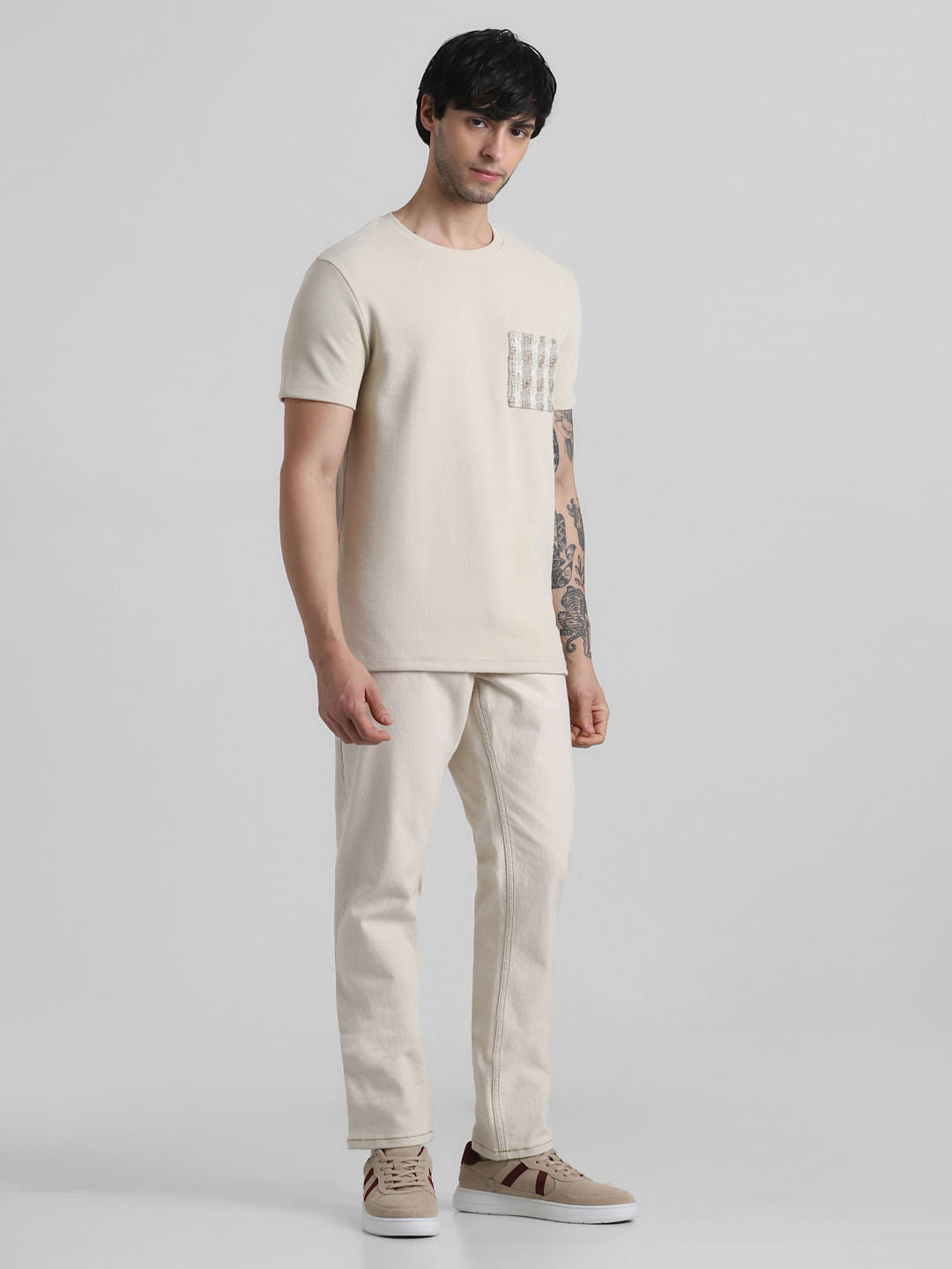 Beige Knitted Pocket Crew Neck T-shirt