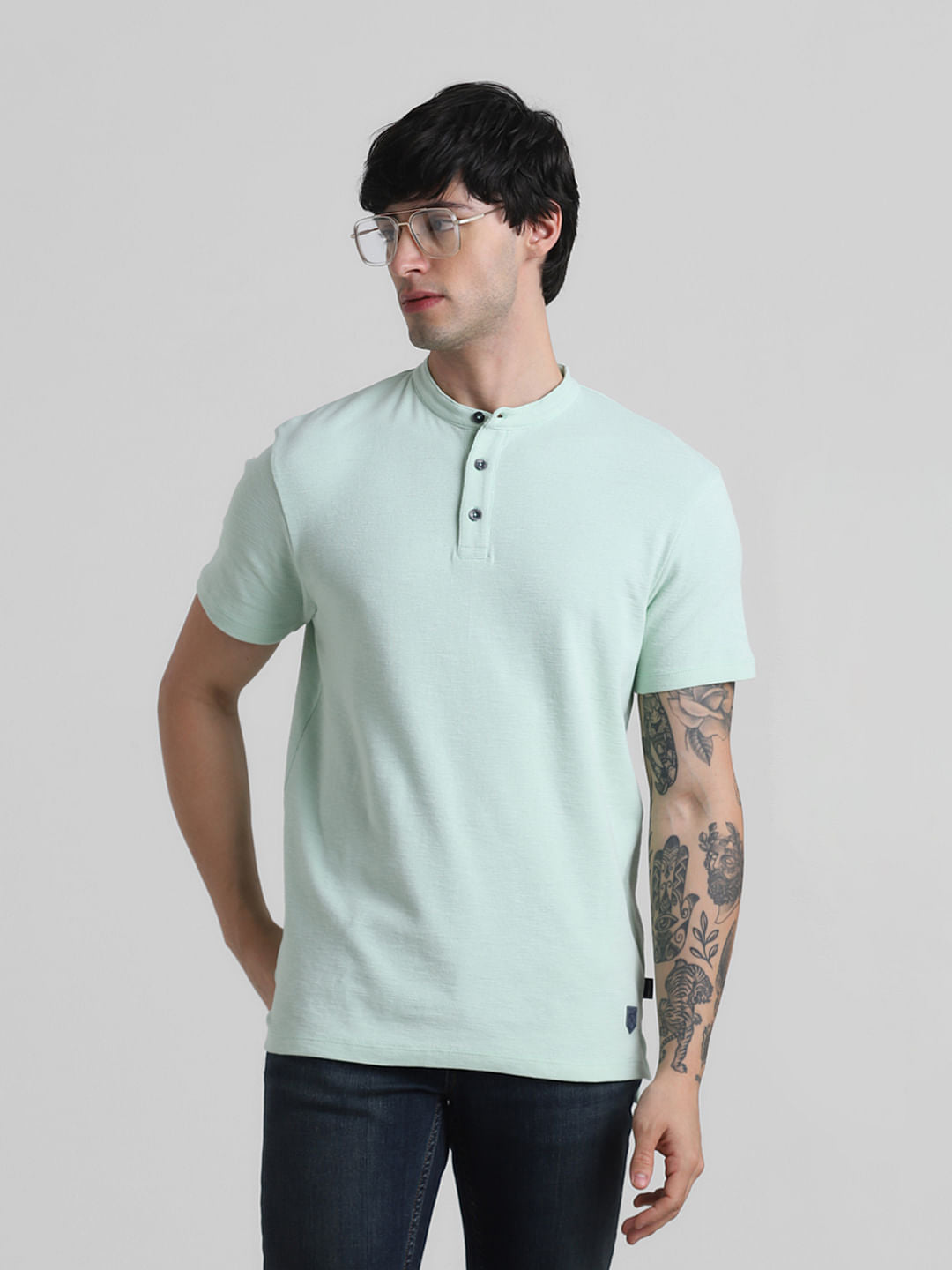 Green Cotton Henley T-shirt