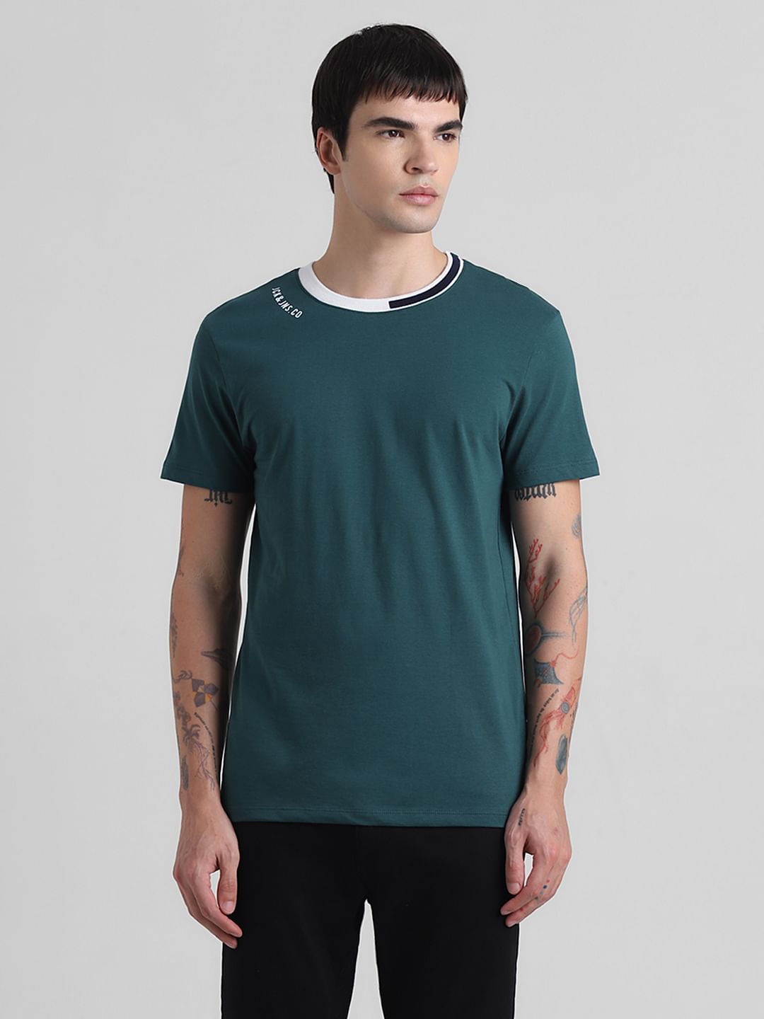 Green Cotton Contrast Neck T-shirt