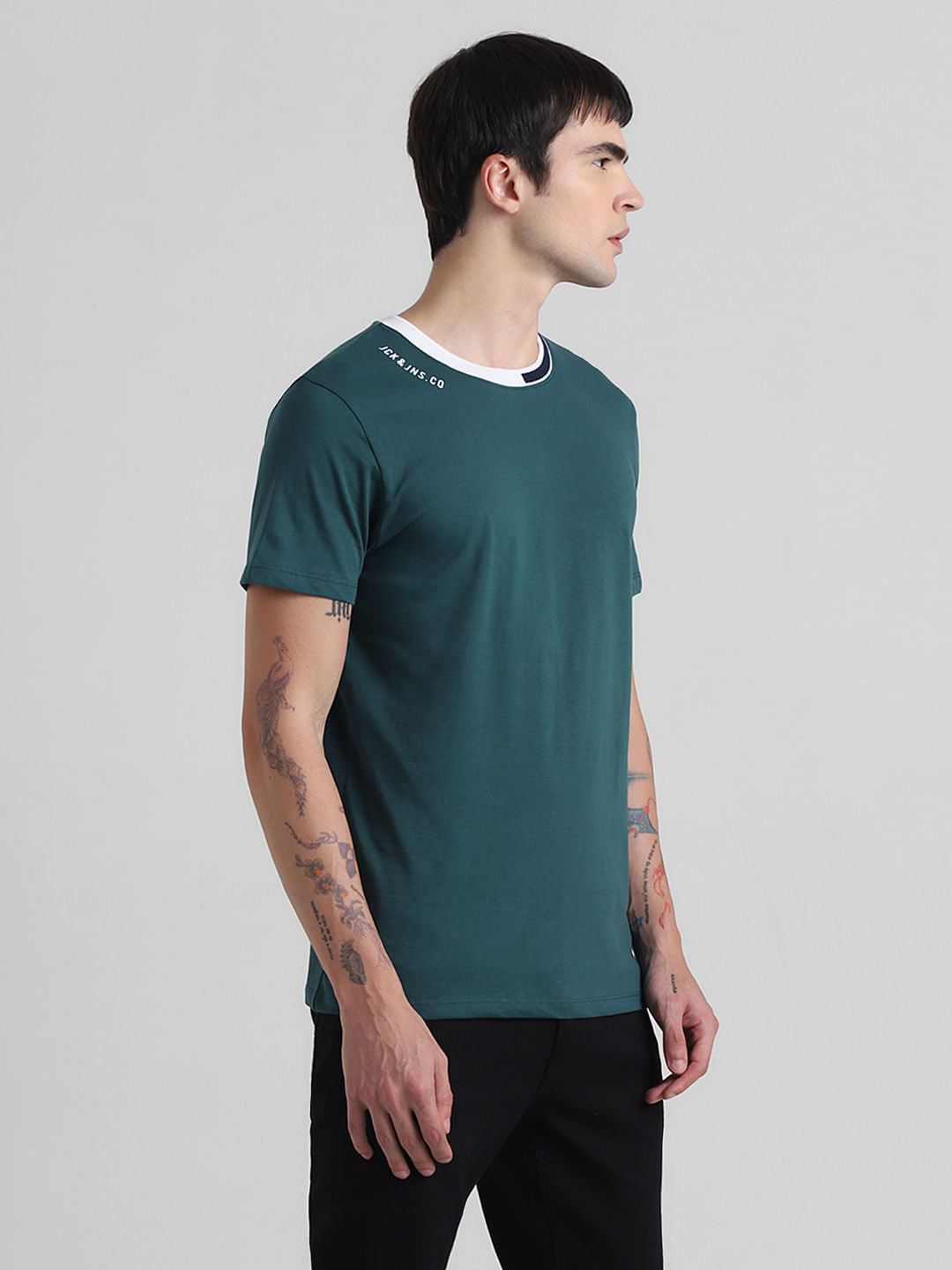 Green Cotton Contrast Neck T-shirt