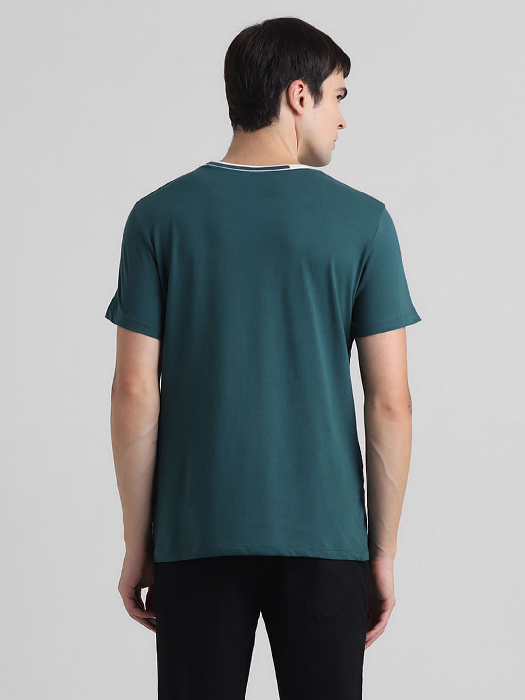 Green Cotton Contrast Neck T-shirt