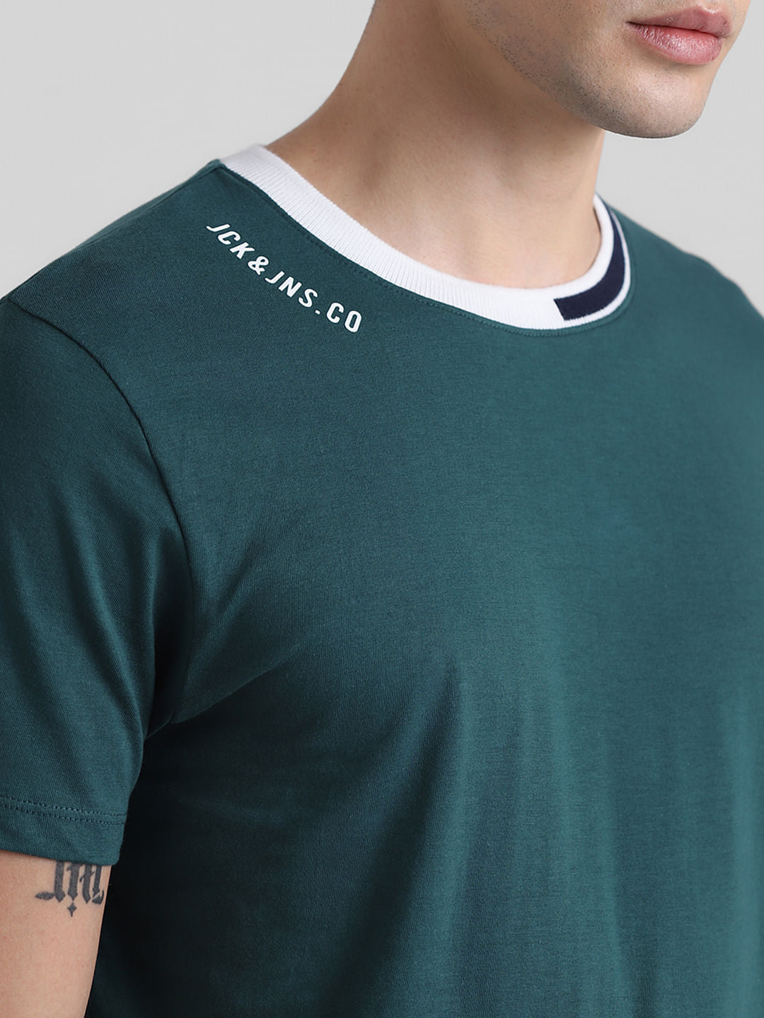 Green Cotton Contrast Neck T-shirt