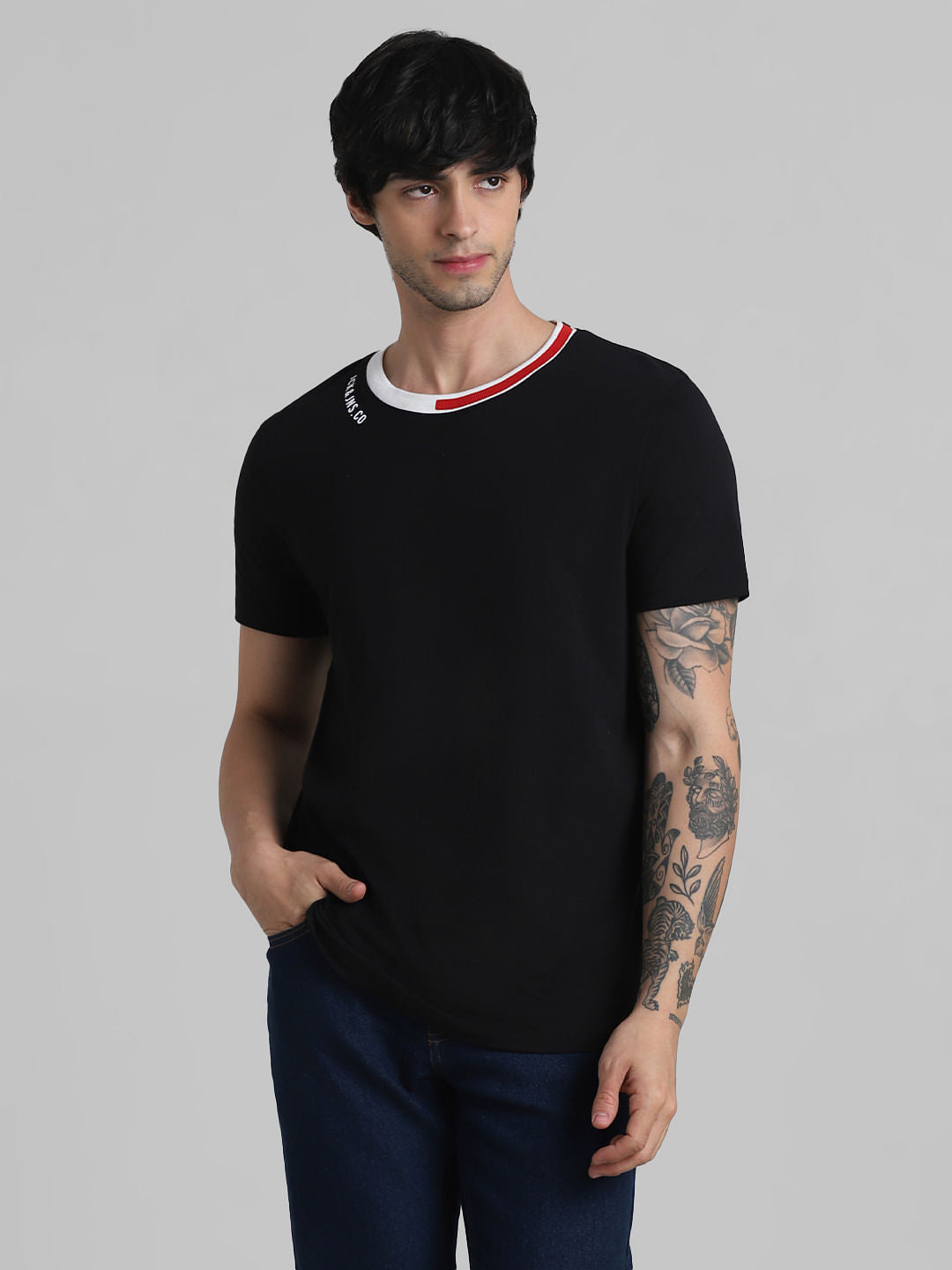 Black Contrast Neck Tipping T-shirt