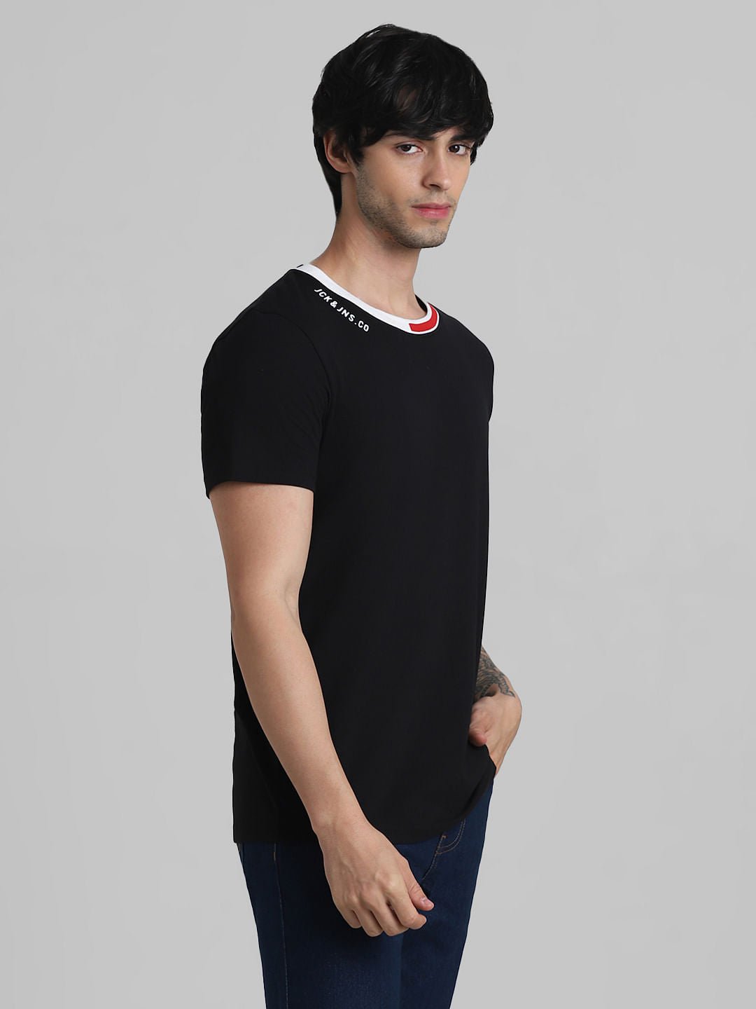 Black Contrast Neck Tipping T-shirt