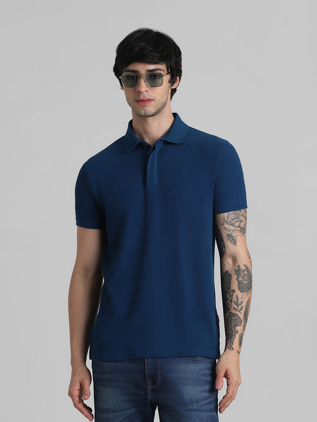 Blue Knitted Polo Neck T-shirt - S