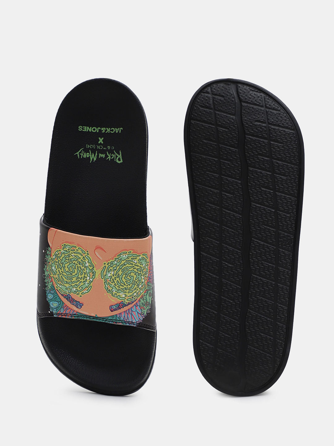 X Rick & Morty Black Printed Sliders