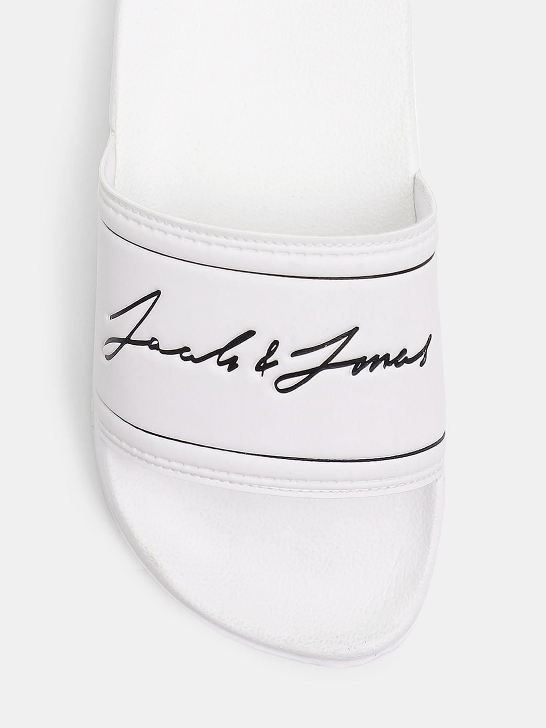 White Cursive Logo Print Sliders