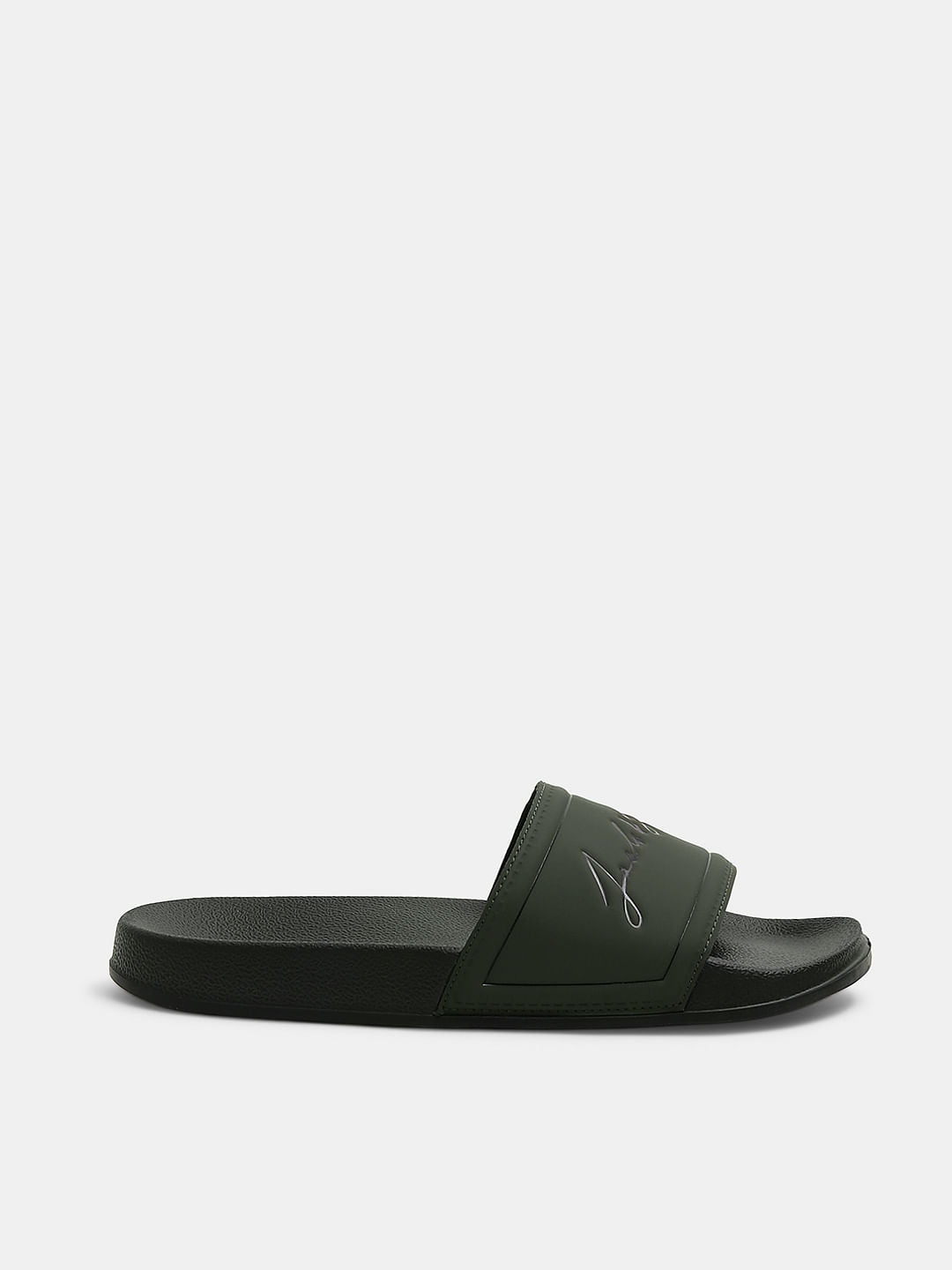 Olive Cursive Logo Print Pool Sliders