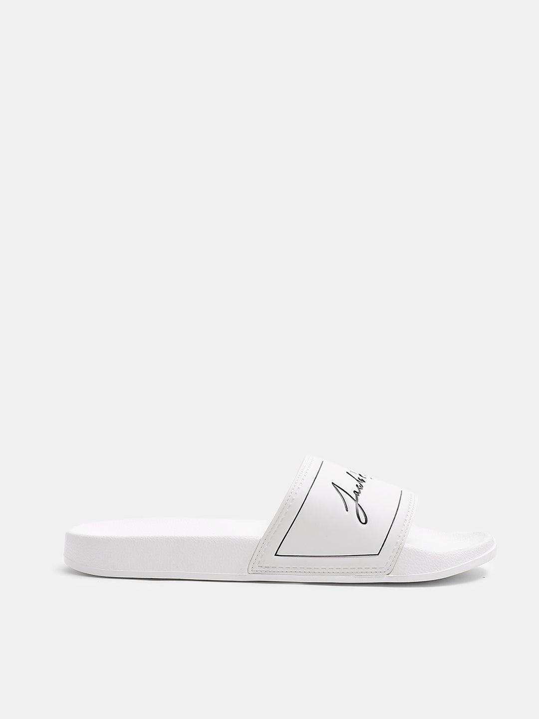 White Cursive Logo Pool Sliders