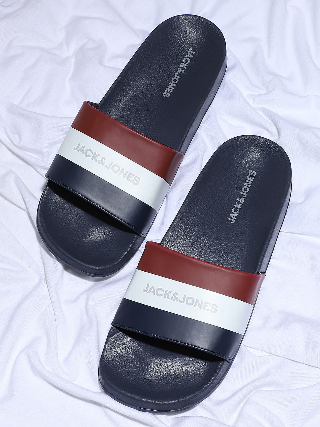 Navy Blue Striped Slides
