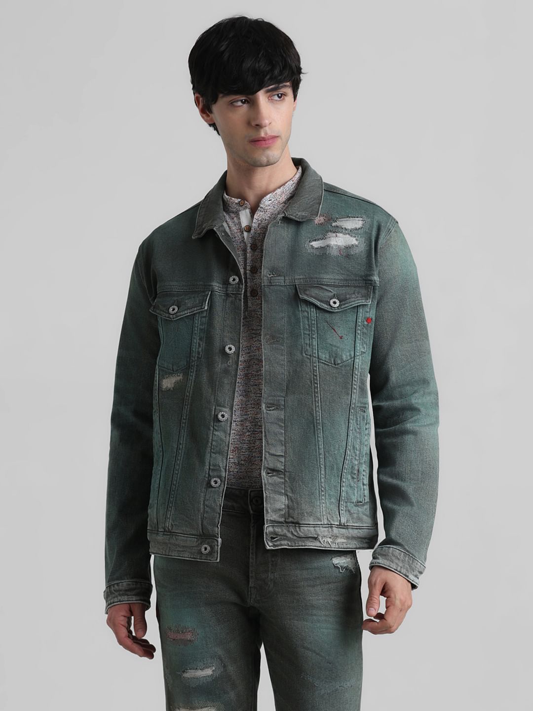URBAN RACERS by JACK&JONES Green Distressed Denim  Jacket