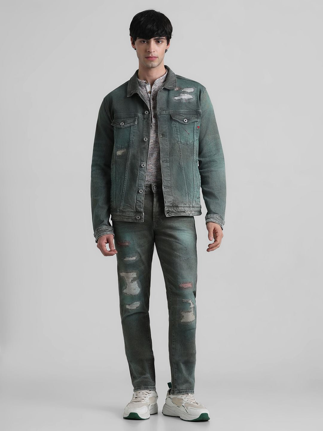 URBAN RACERS by JACK&JONES Green Distressed Denim  Jacket
