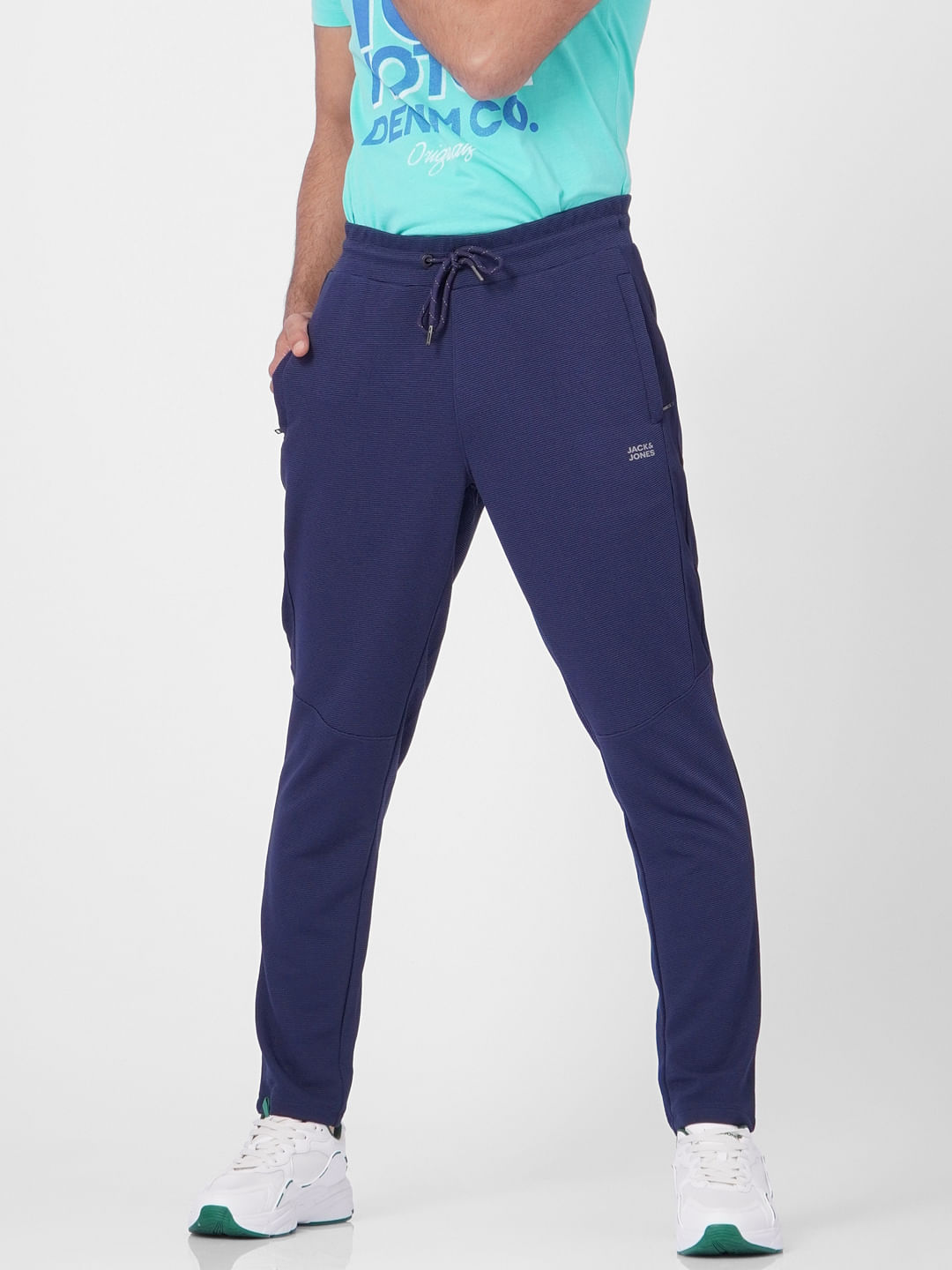 Navy Blue Mid Rise Logo Print Trackpants