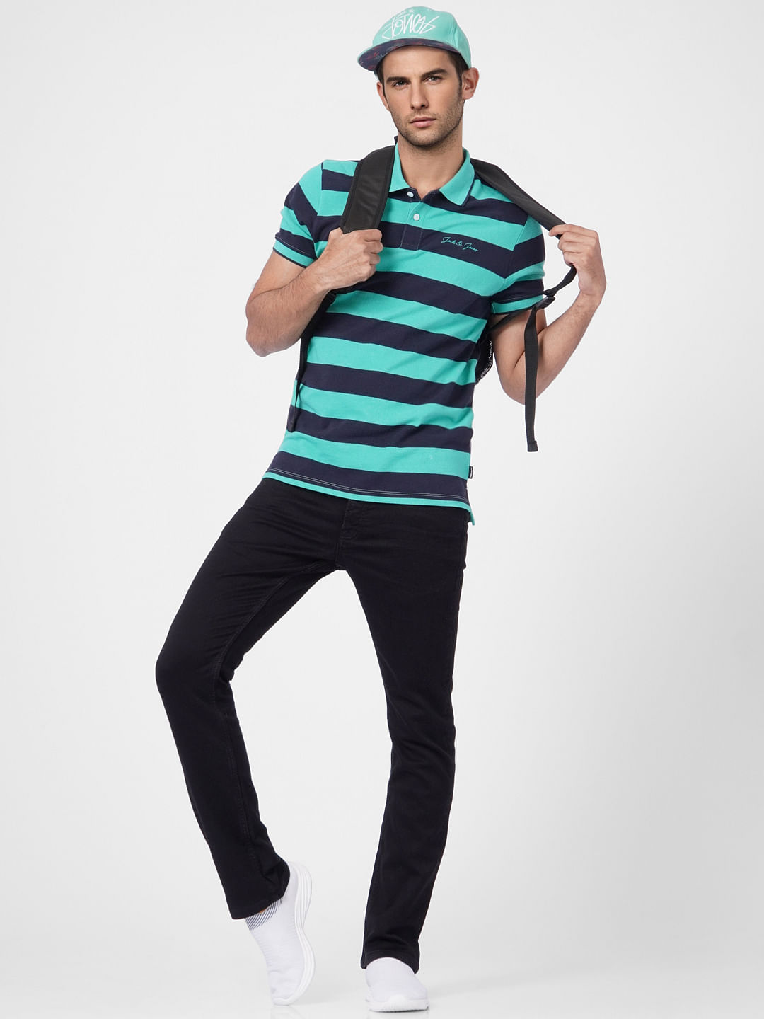 Green Striped Polo T-shirt - S