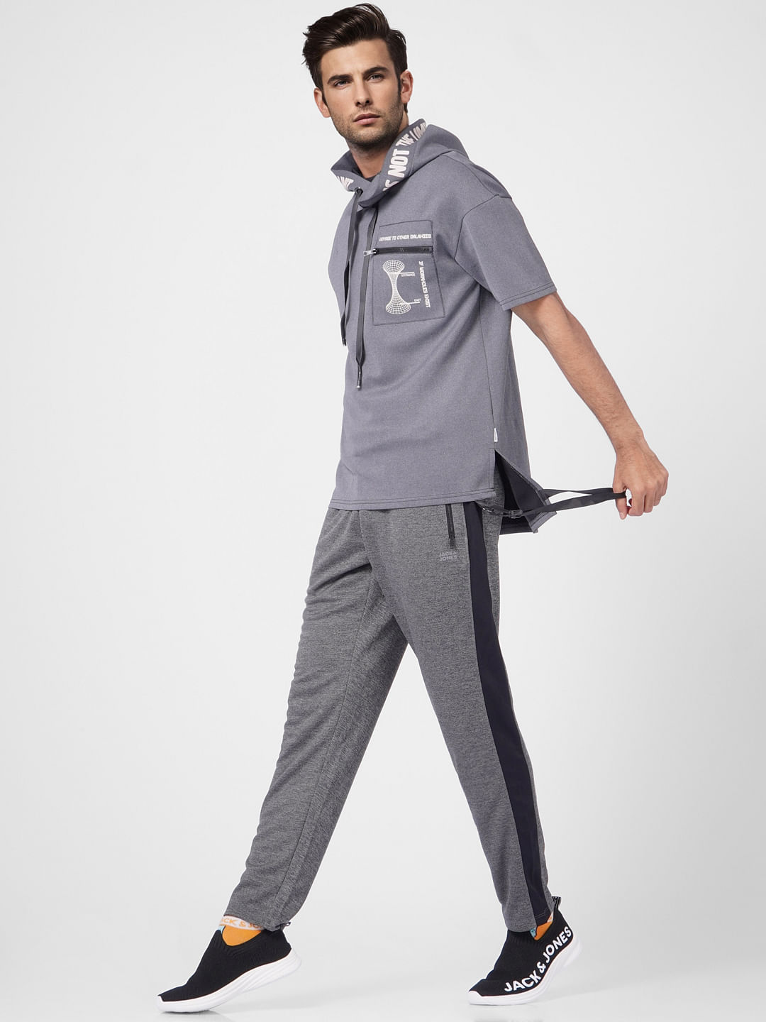 Grey Mid Rise Tape Detail Trackpants