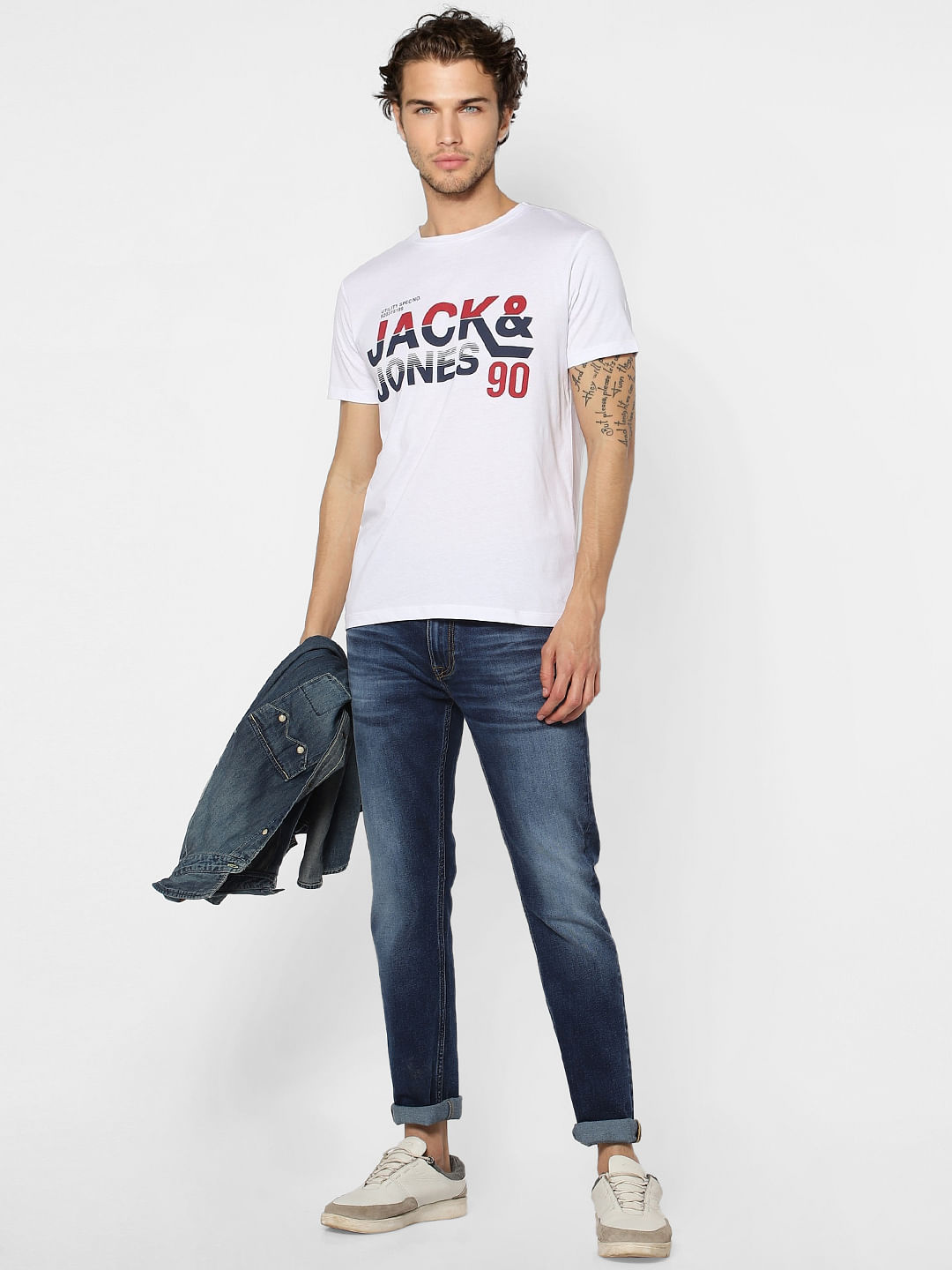 White Logo Print Crew Neck T-shirt - S