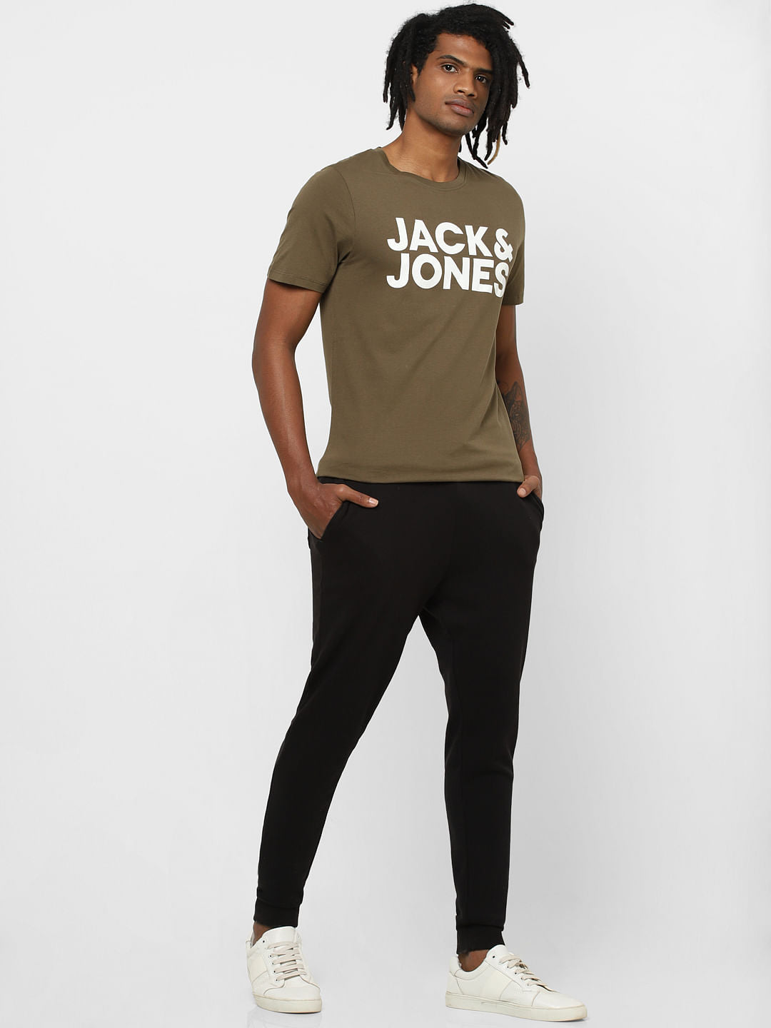 Olive Green Logo Print Crew Neck T-shirt - S