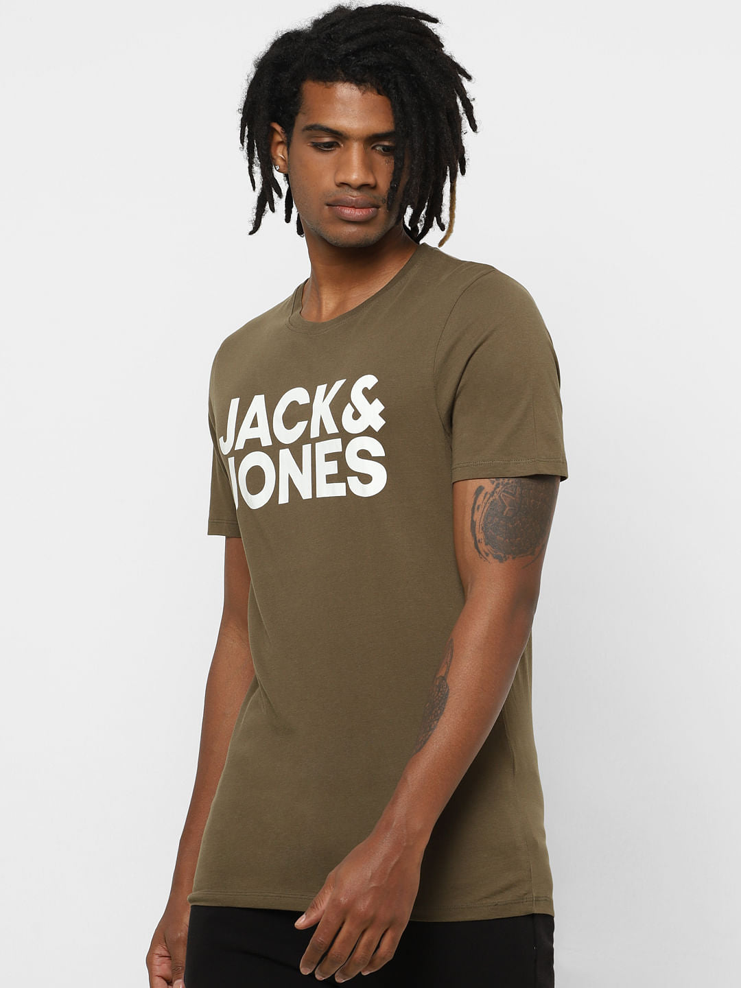 Olive Green Logo Print Crew Neck T-shirt