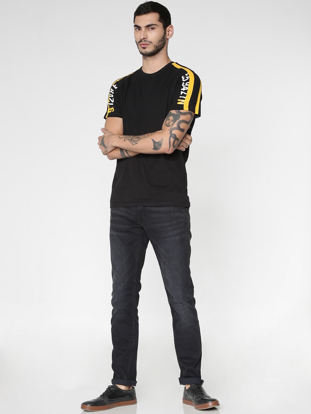 Black Colourblocked Sleeves Crew Neck T-shirt - S