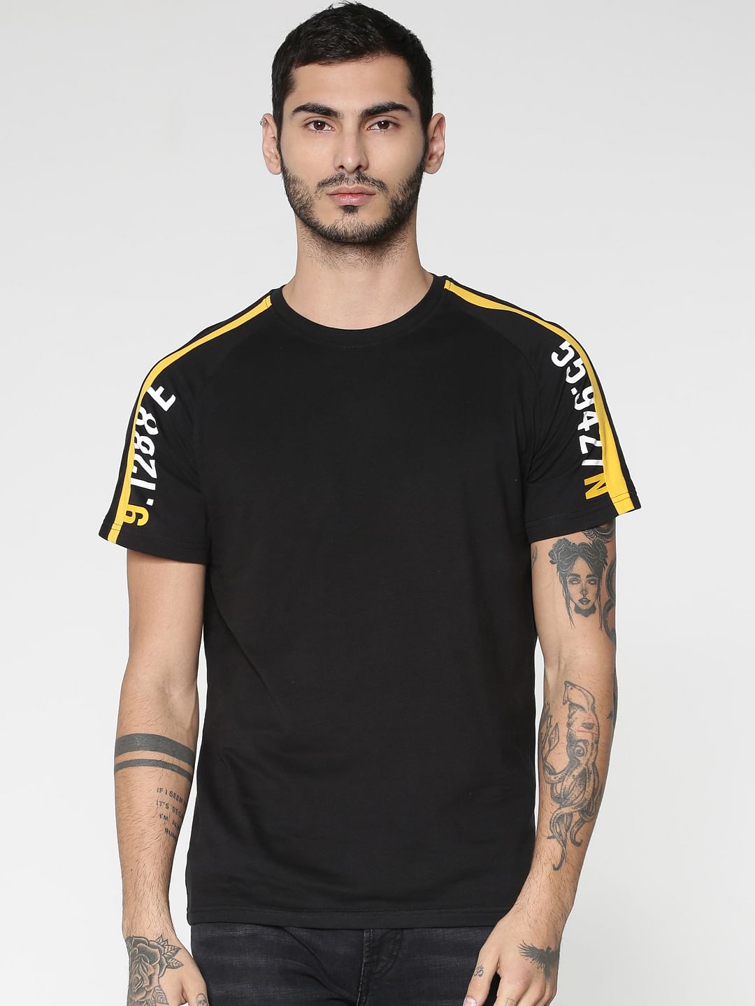 Black Colourblocked Sleeves Crew Neck T-shirt