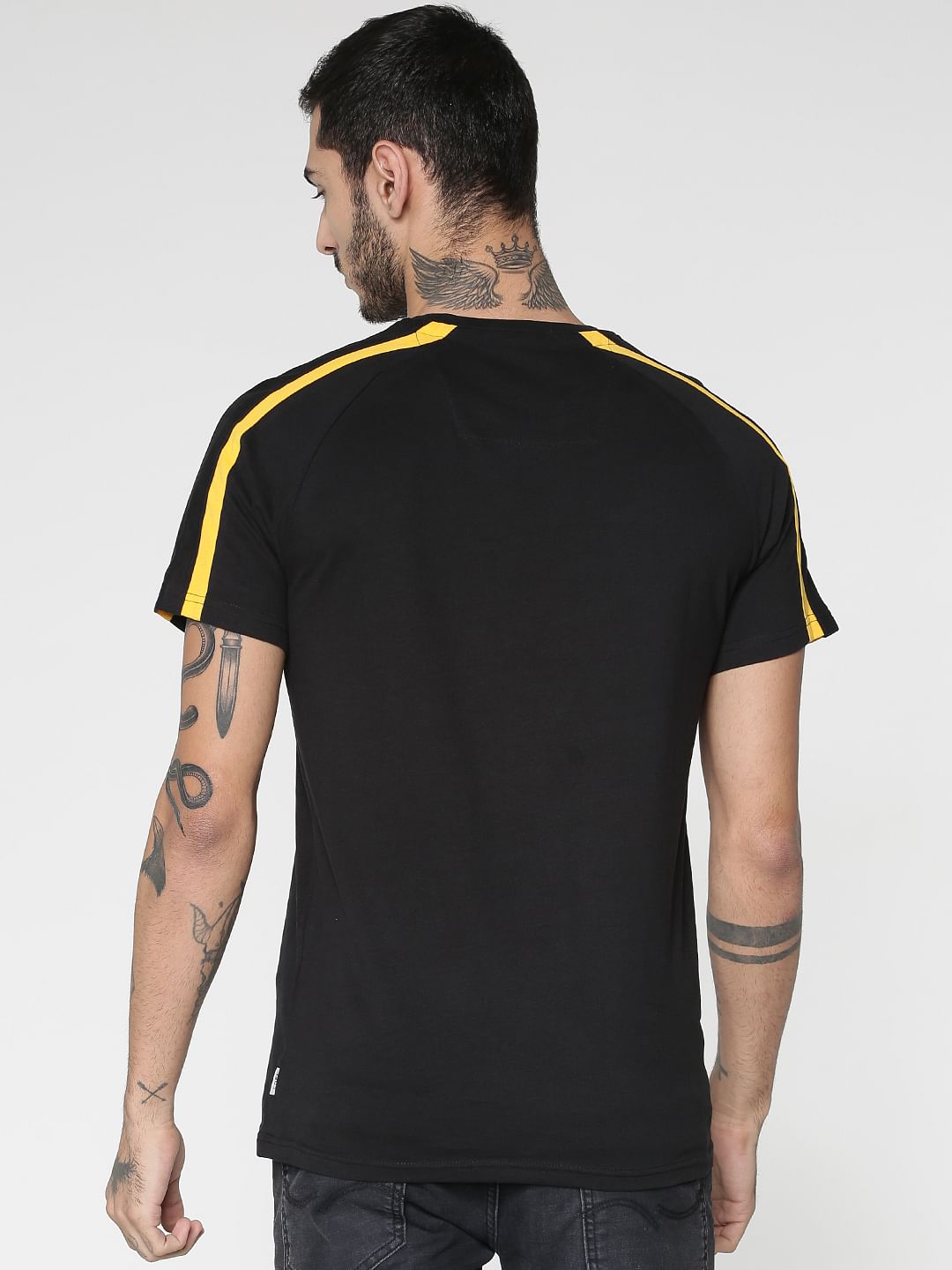 Black Colourblocked Sleeves Crew Neck T-shirt