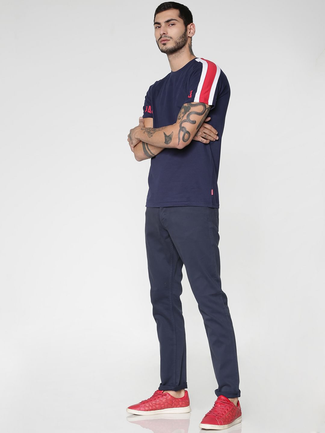 Blue Striped Sleeves Crew Neck T-shirt - S