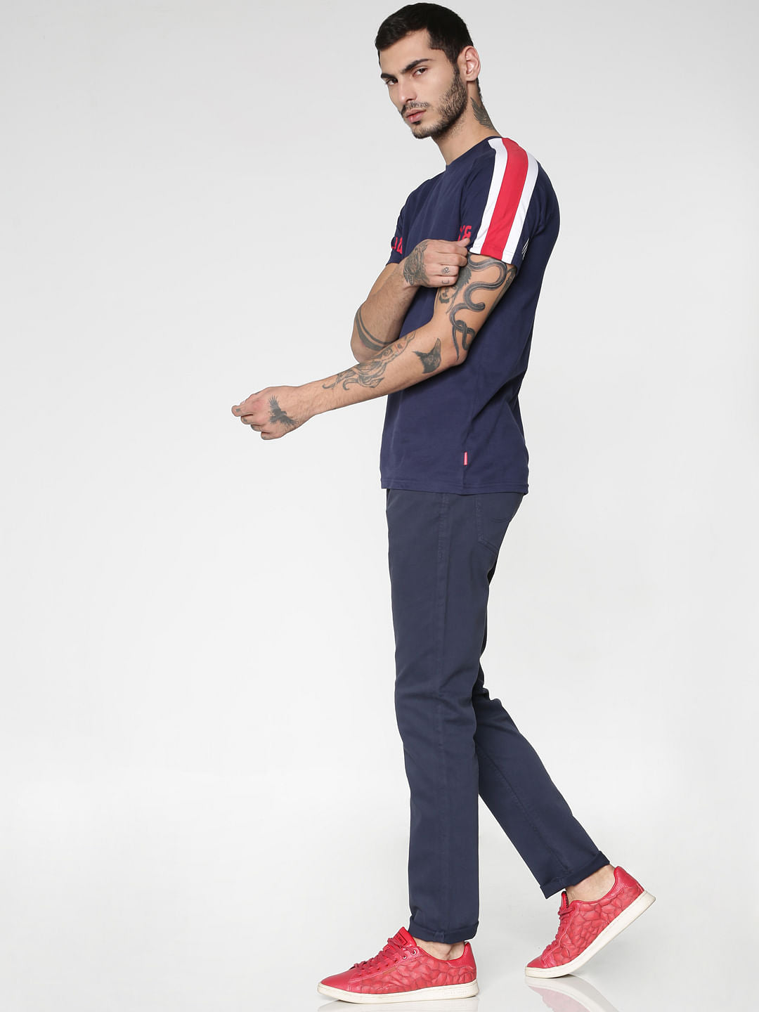 Blue Striped Sleeves Crew Neck T-shirt