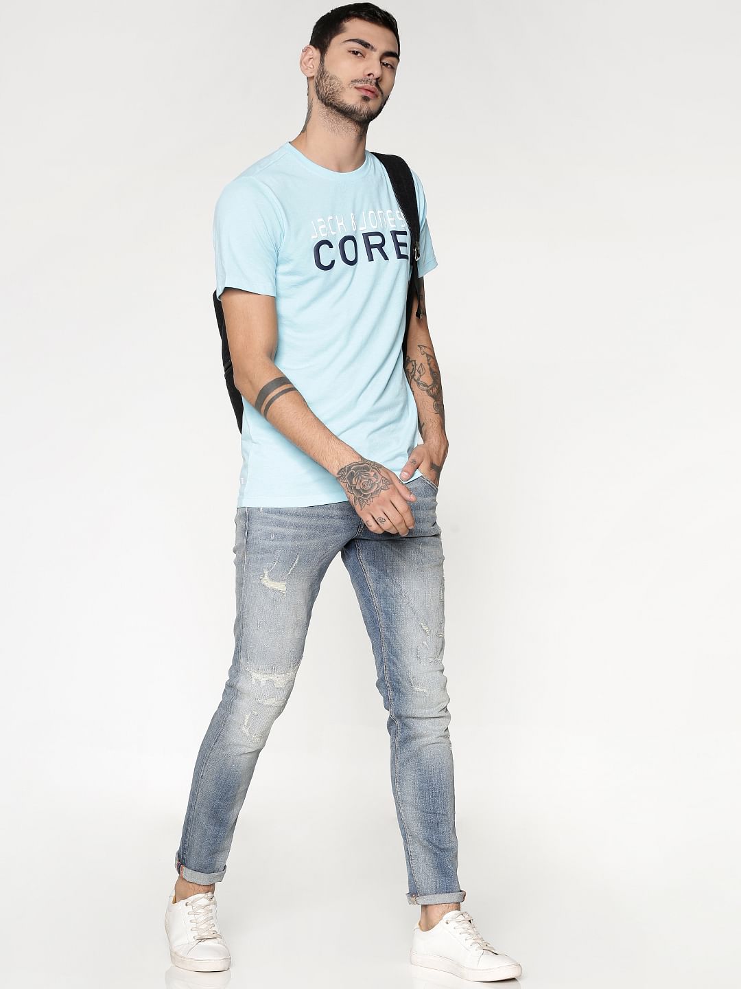 Light Blue Logo Print Crew Neck T-shirt - S